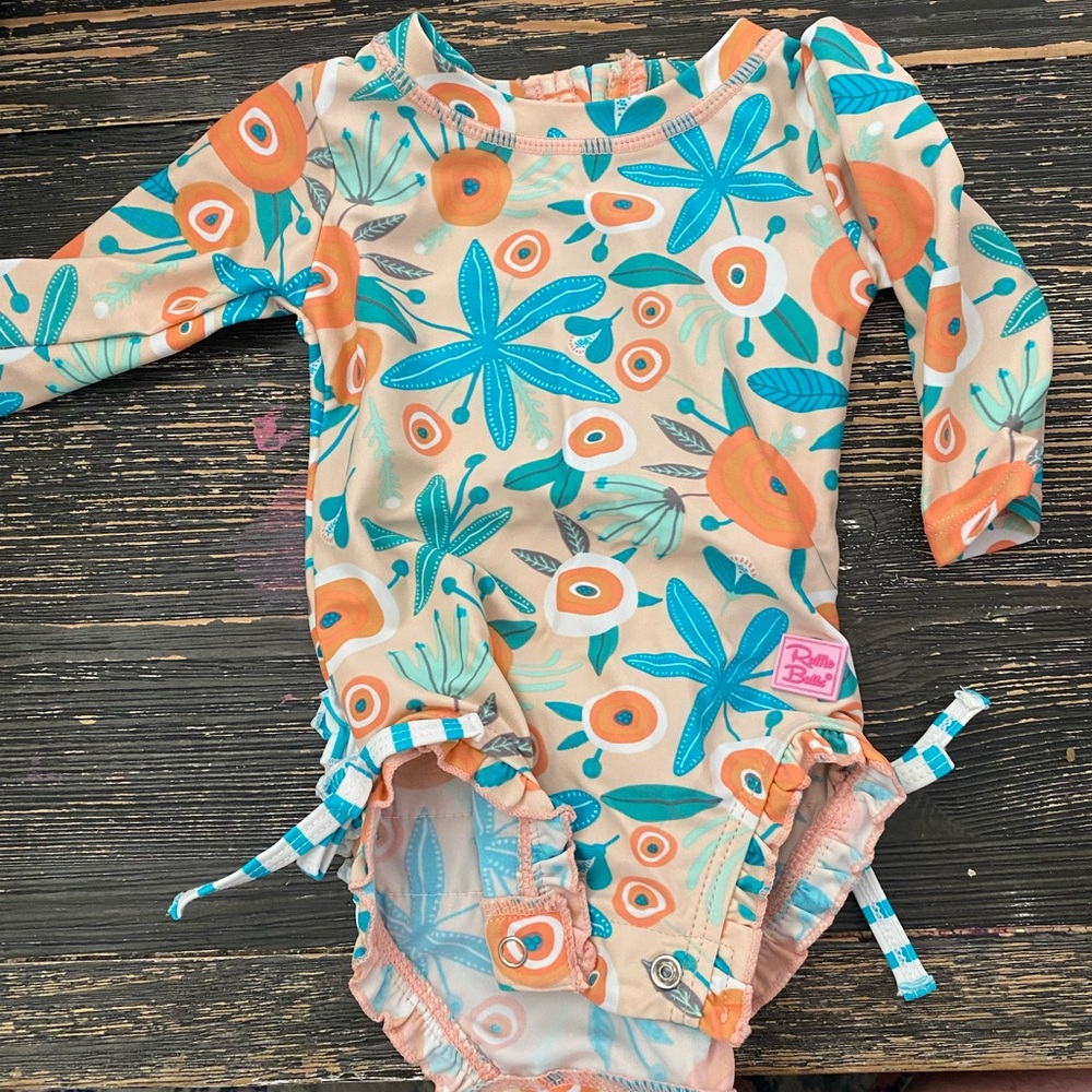 Ruffle Butts Kids Floral Rashguard - Orange and Teal